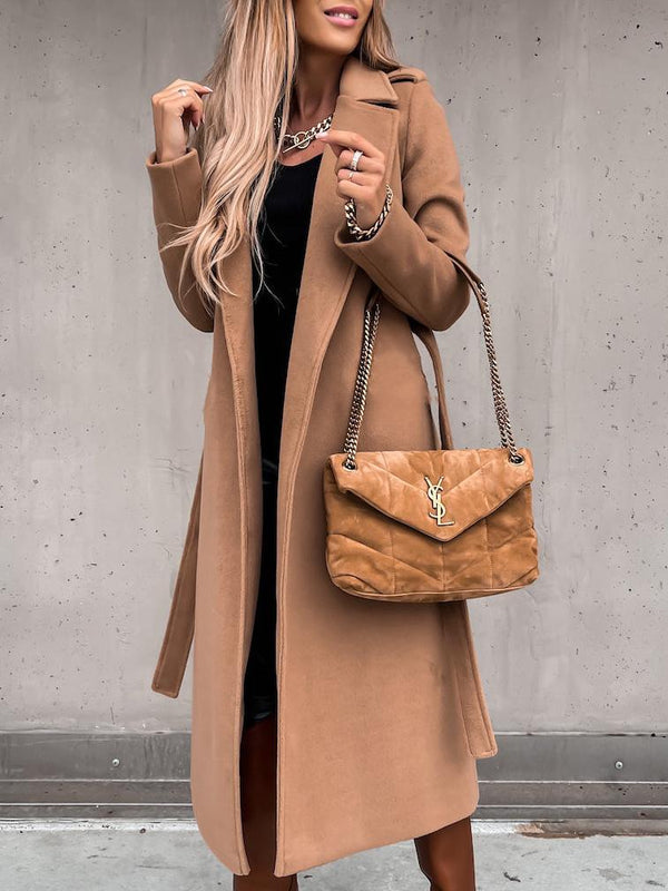 Women's Coats Simple Lapel Belted Long Sleeve Woolen Coat