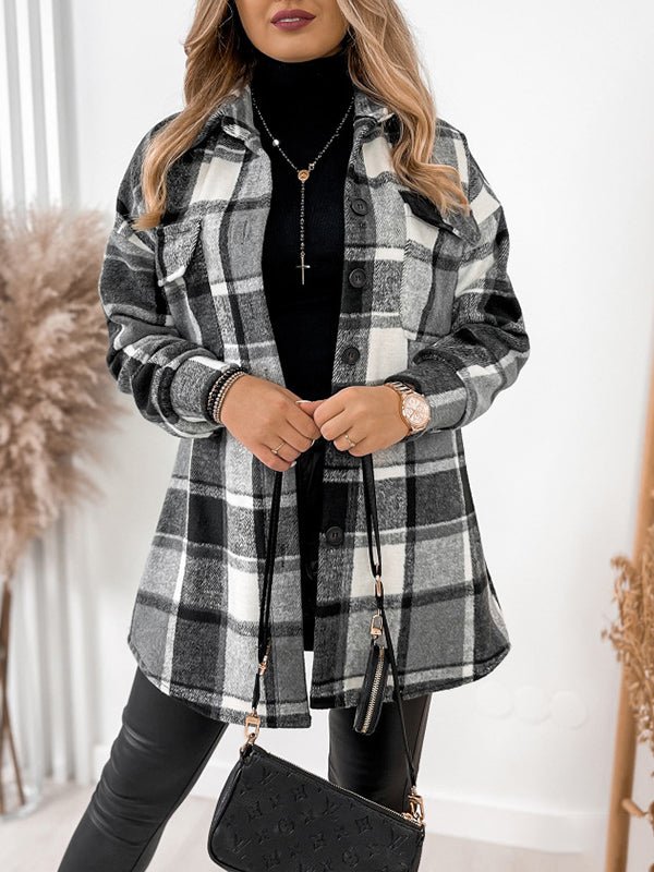 Women's Coats Single Breasted Plaid Printed Pocket Wool Coat