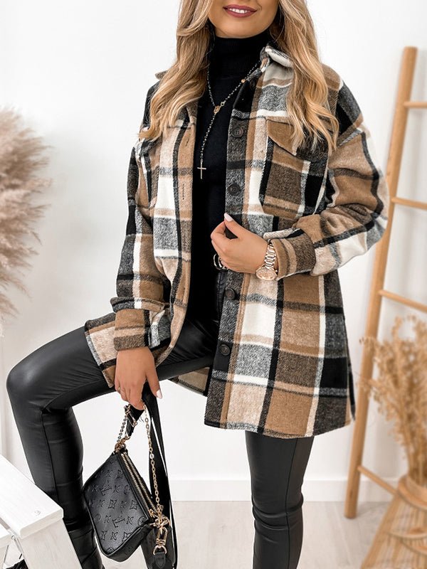 Women's Coats Single Breasted Plaid Printed Pocket Wool Coat