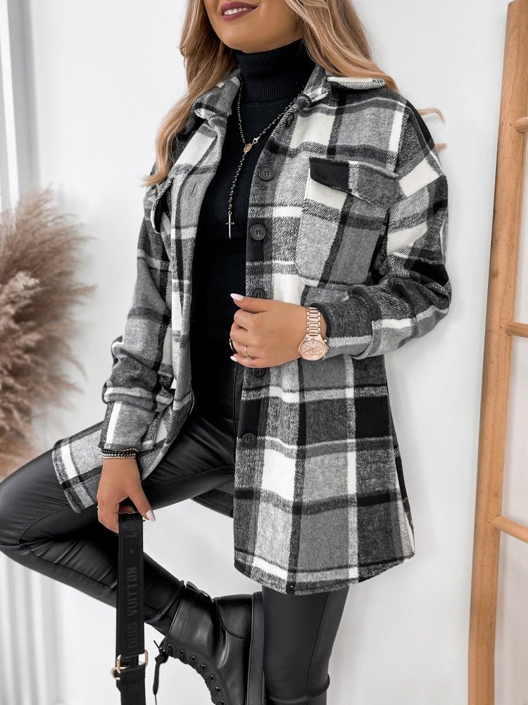 Women's Coats Single Breasted Plaid Printed Pocket Wool Coat