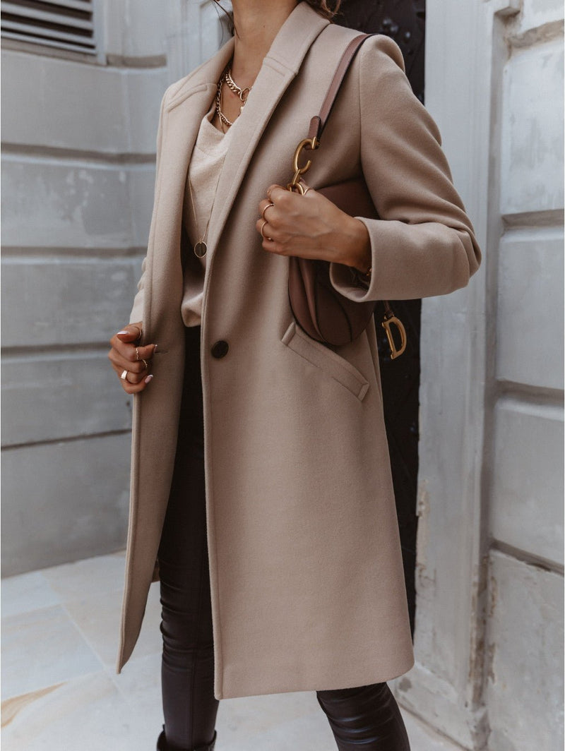 Women's Coats Solid Lapel Long Sleeve Midi Coat