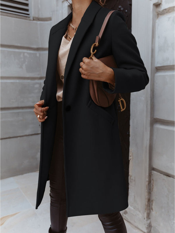 Women's Coats Solid Lapel Long Sleeve Midi Coat