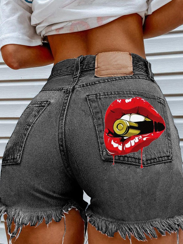 Women's Denim Shorts Casual Mouth Bite Bullet Print Denim Short