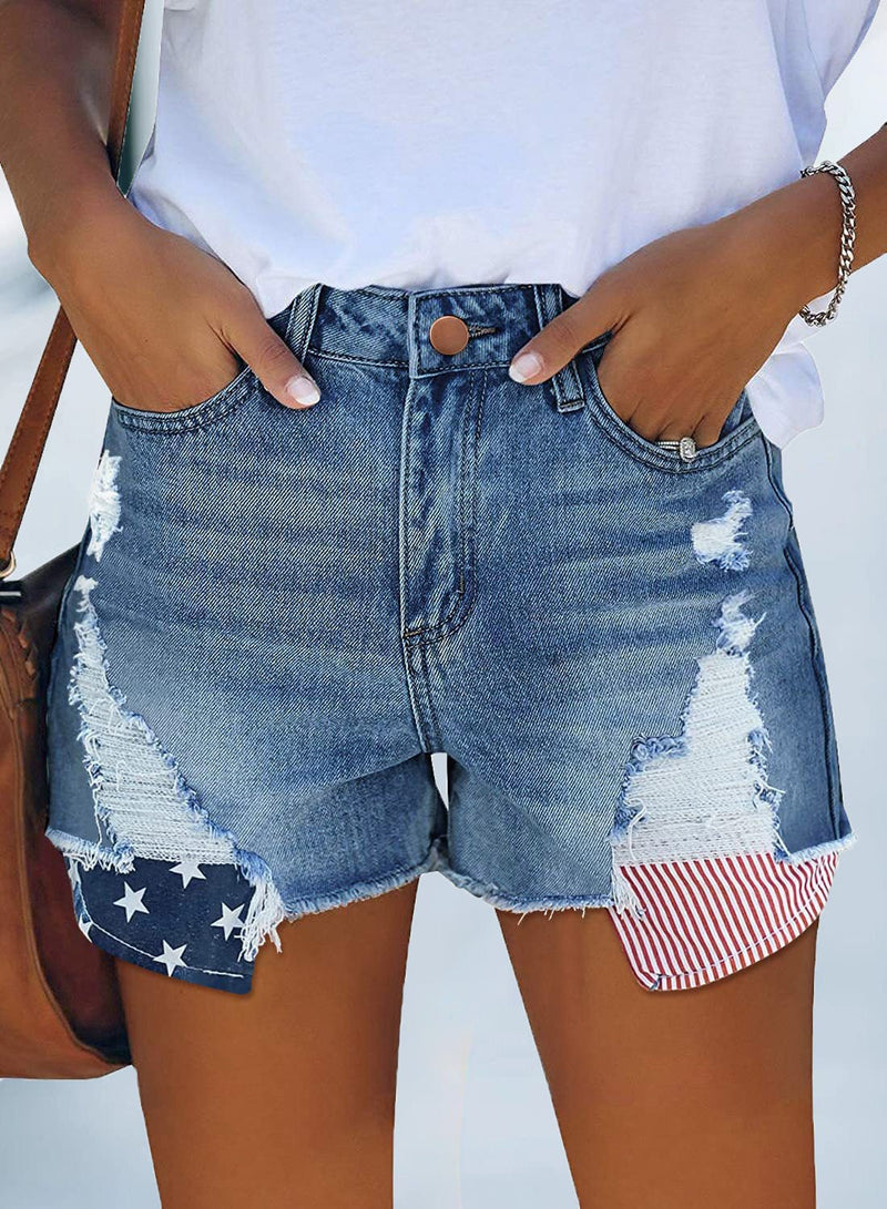 Women's Denim Shorts Pocket Star-Striped Fringed Denim Shorts