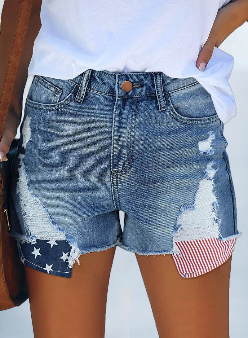 Women's Denim Shorts Pocket Star-Striped Fringed Denim Shorts