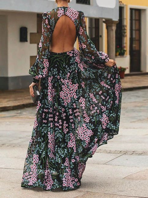 Women's Dresses Bare Back Long Sleeve Print Dress