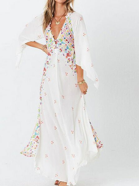 Women's Dresses Bohemian Print Deep V Neck 3/4 Sleeve Dress