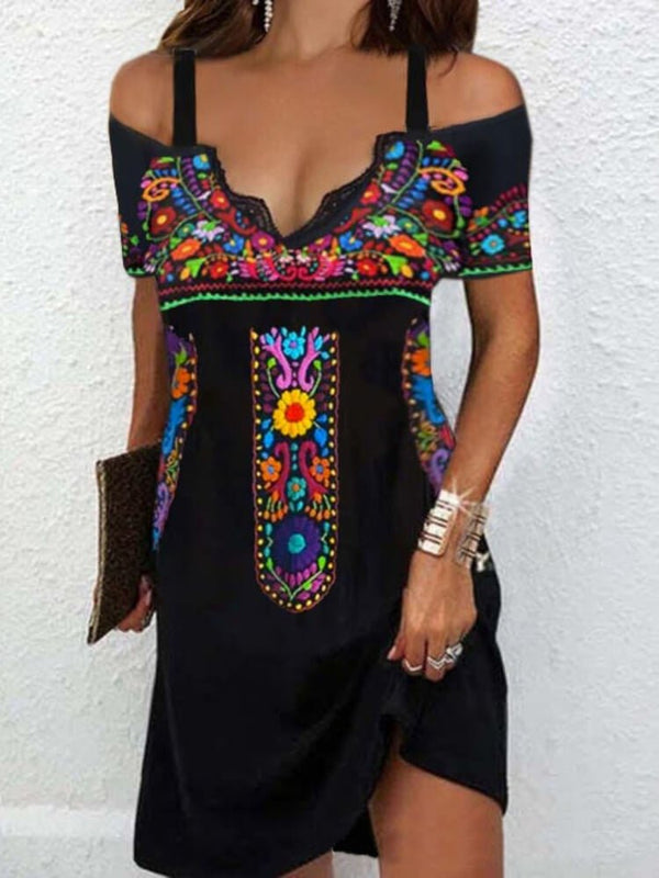 Women's Dresses Bohemian Print Sling V-Neck Short Sleeve Dress