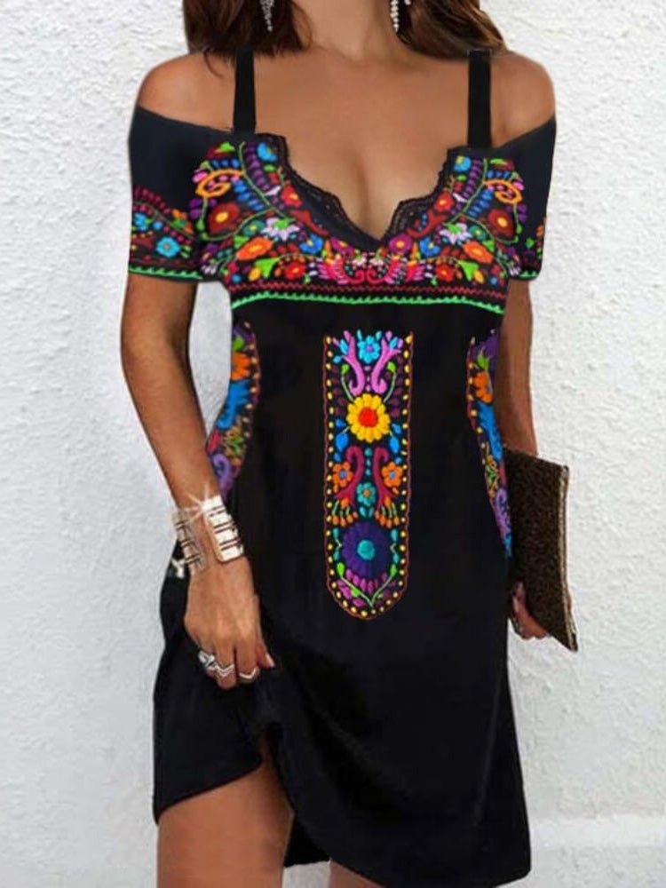 Women's Dresses Bohemian Print Sling V-Neck Short Sleeve Dress