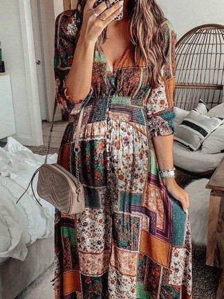 Bohemian Print V-Neck Long Sleeve Dress