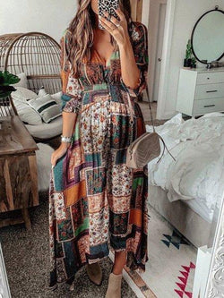 Bohemian Print V-Neck Long Sleeve Dress