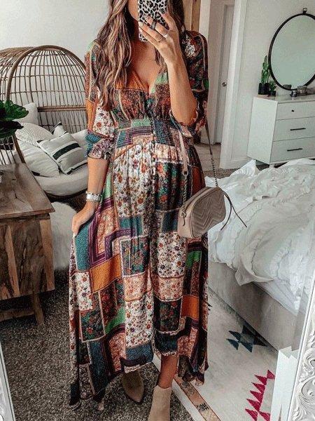 Bohemian Print V-Neck Long Sleeve Dress