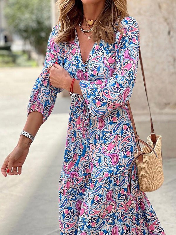 Women's Dresses Bohemian Print V-Neck Long Sleeve Dress