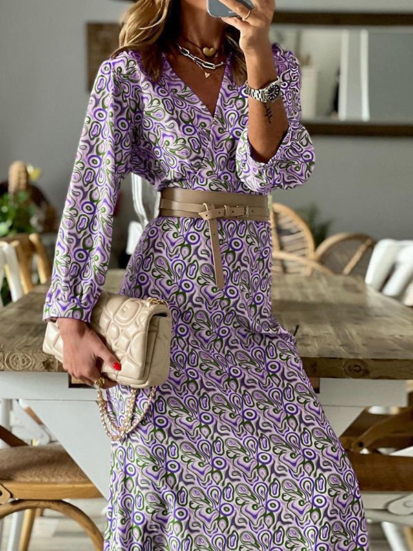 Women's Dresses Bohemian Print V-Neck Long Sleeve Dress