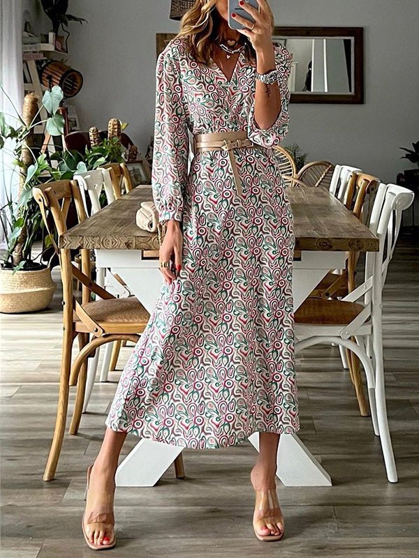 Women's Dresses Bohemian Print V-Neck Long Sleeve Dress