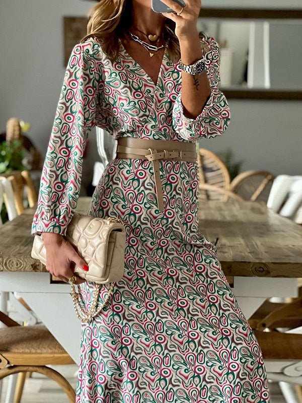 Women's Dresses Bohemian Print V-Neck Long Sleeve Dress