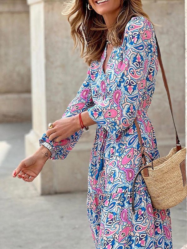 Women's Dresses Bohemian Print V-Neck Long Sleeve Dress