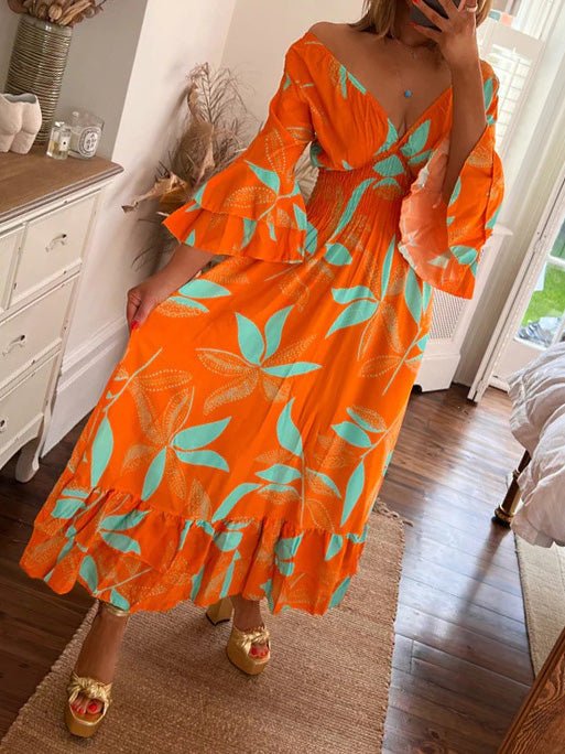 Women's Dresses Bohemian Print V-Neck Ruffle Dress