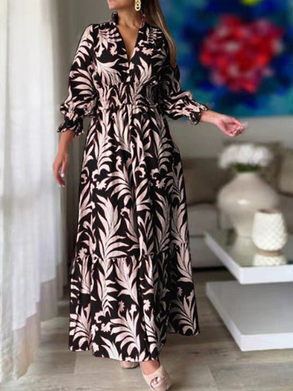 Women's Dresses Boho Print Elastic Waist Long Sleeve Dress