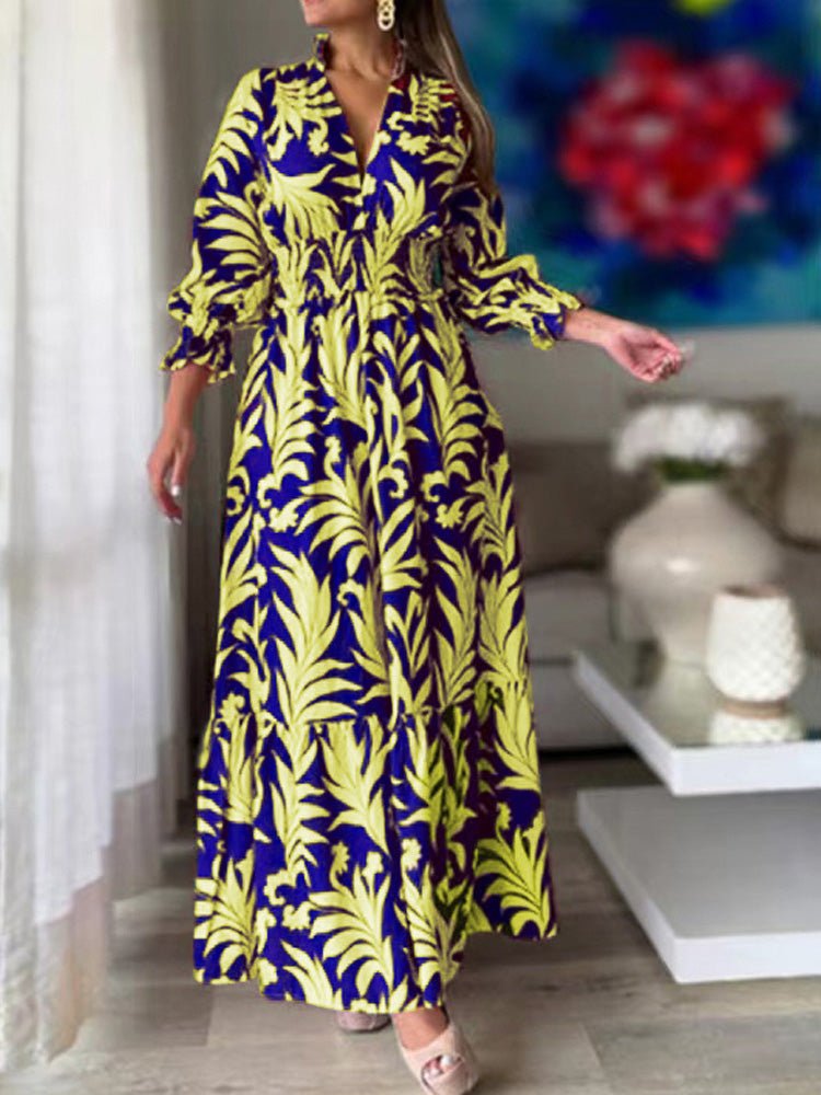 Women's Dresses Boho Print Elastic Waist Long Sleeve Dress