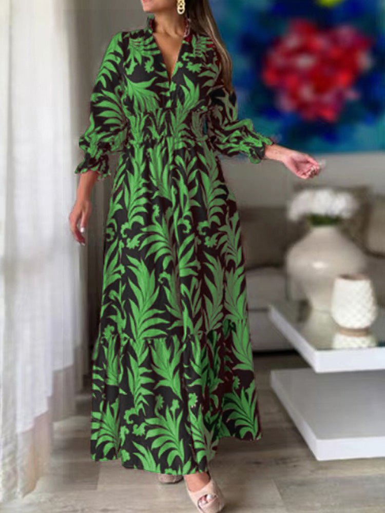 Women's Dresses Boho Print Elastic Waist Long Sleeve Dress