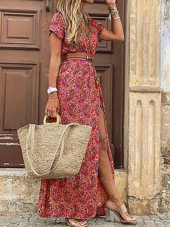 Women's Dresses Boho Print V-Neck Belt Slit Dress