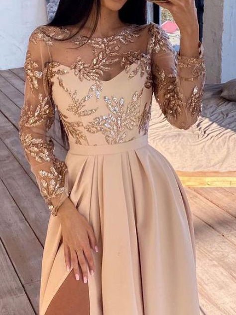 Women's Dresses Bronzed Sequin Long Sleeve Slit Dress