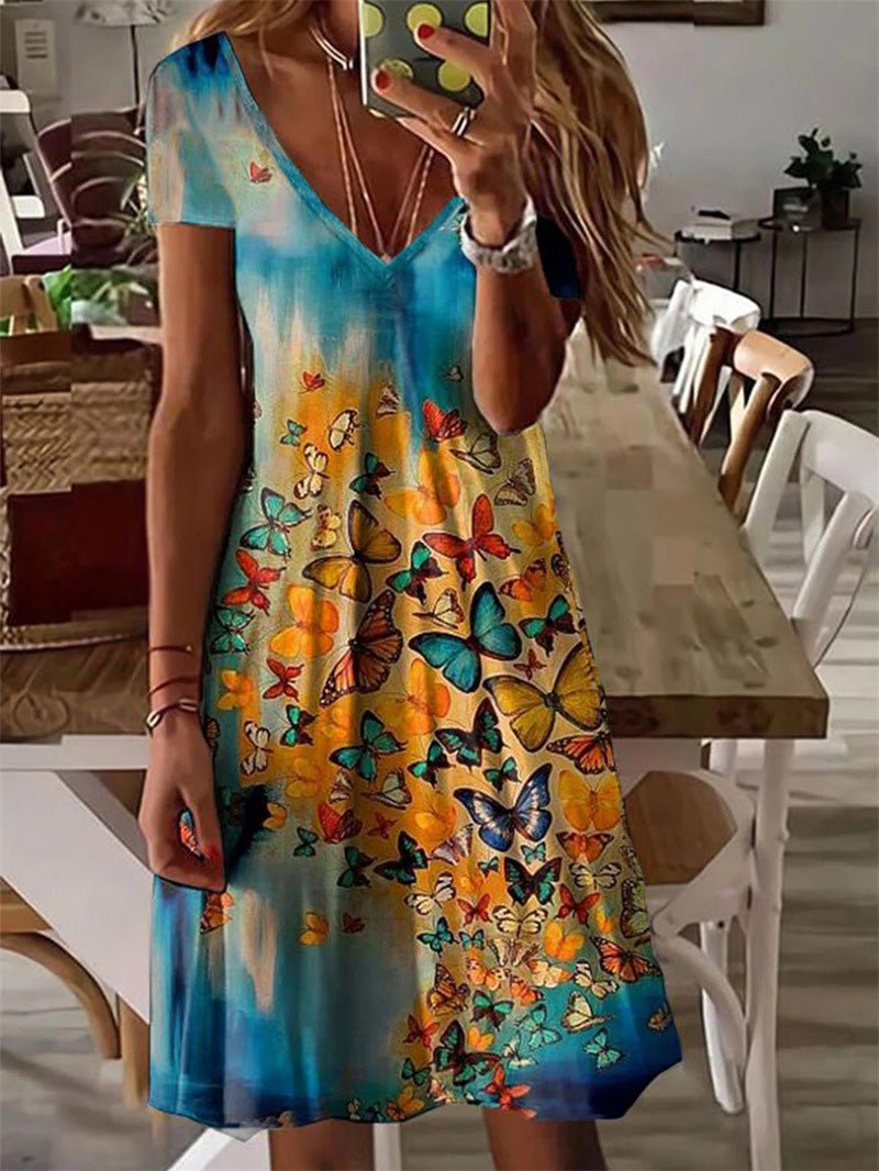 Women's Dresses Butterfly Print V-Neck Short Sleeve Dress