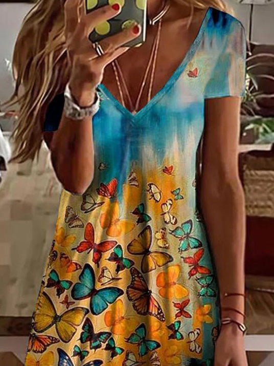 Women's Dresses Butterfly Print V-Neck Short Sleeve Dress