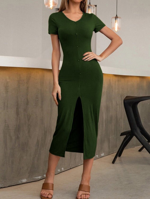 Women's Dresses Button Short Sleeve Slim Fit Slit Knit Dress