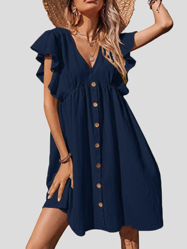 Women's Dresses Casual V-Neck Ruffle Sleeve Button Dress