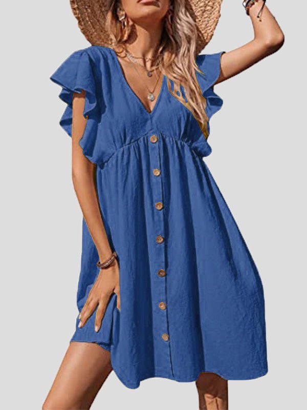 Women's Dresses Casual V-Neck Ruffle Sleeve Button Dress