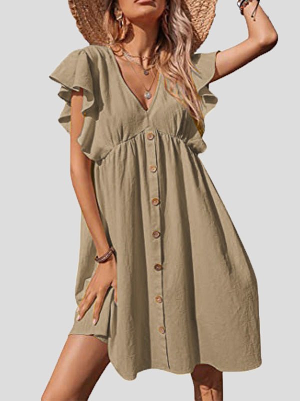 Women's Dresses Casual V-Neck Ruffle Sleeve Button Dress