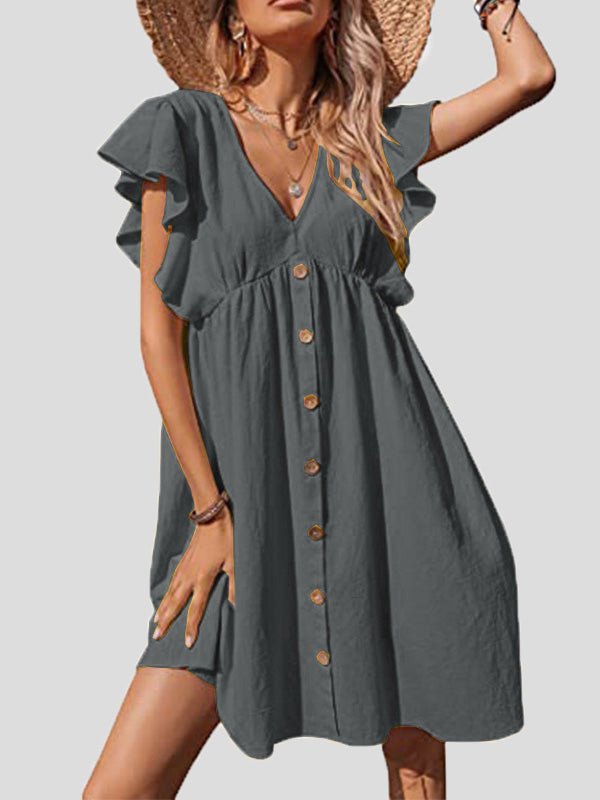 Women's Dresses Casual V-Neck Ruffle Sleeve Button Dress