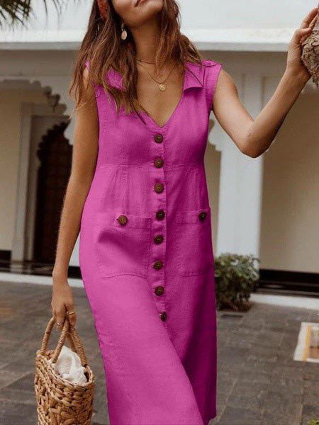 Women's Dresses Casual V-Neck Single-Breasted Pocket Dress