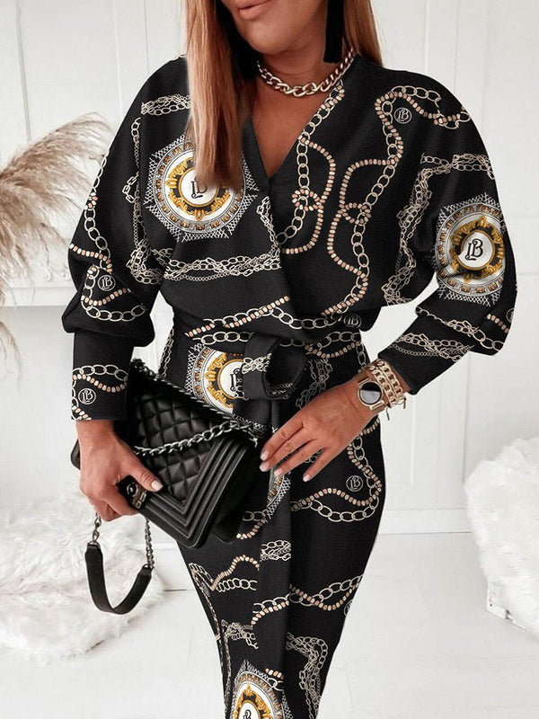 Women's Dresses Chain Print V-Neck Tie Long Sleeve Dress