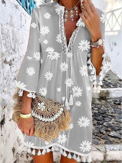 Women's Dresses Daisy Print V-Neck Fringe Dress