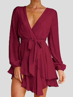 Women's Dresses Deep V-Neck Long Sleeve Irregular Mini Dress