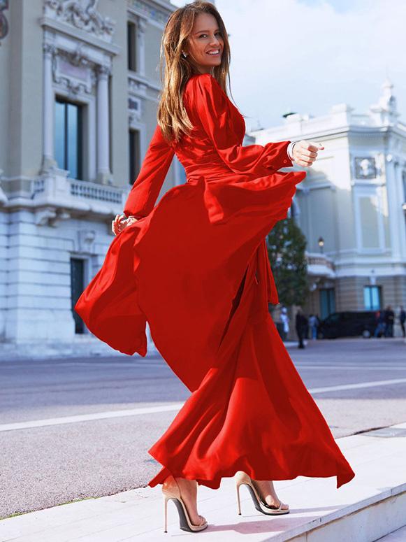 Women's Dresses Deep V-Neck Slit Long Sleeve Dress