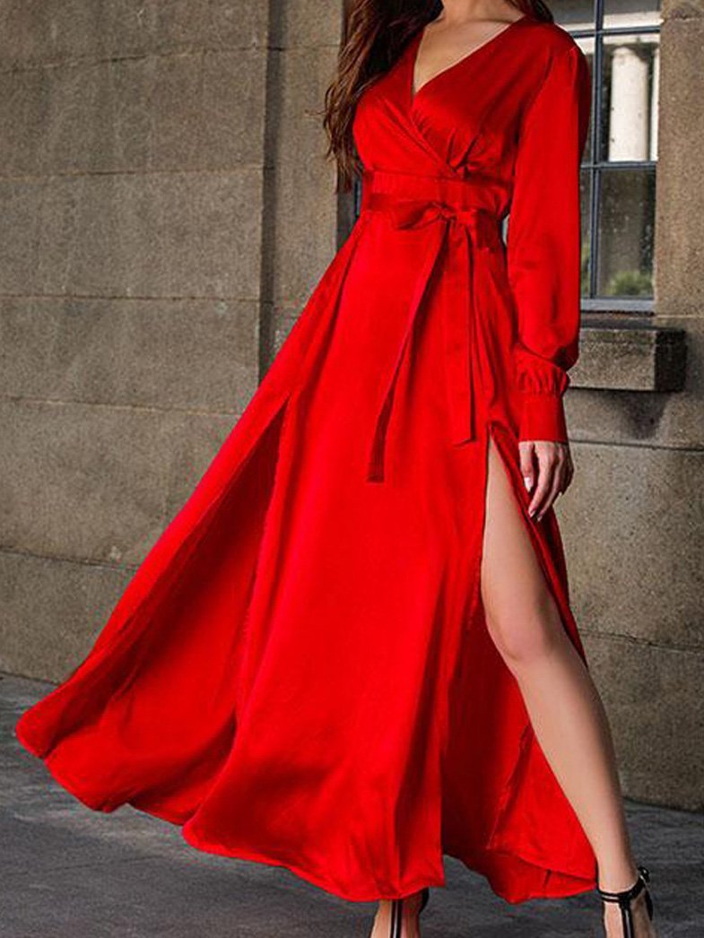 Women's Dresses Deep V-Neck Slit Long Sleeve Dress