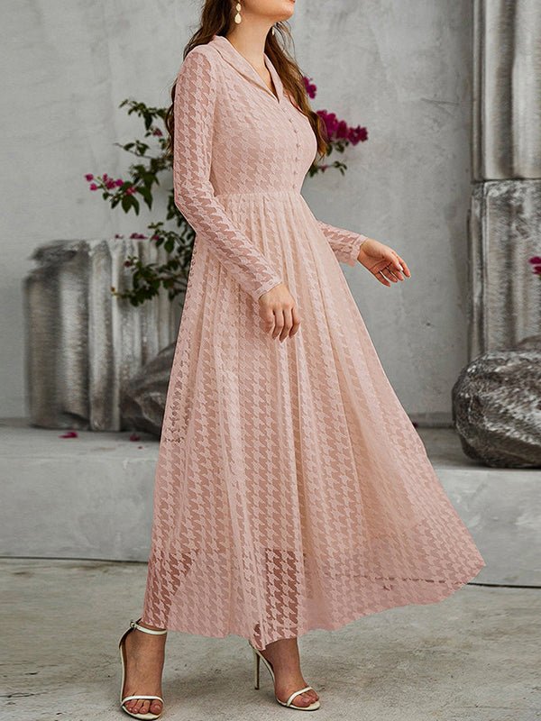 Women's Dresses Fashion Casual Mesh Hollowed V-Neck Long-sleeved Maxi Dress