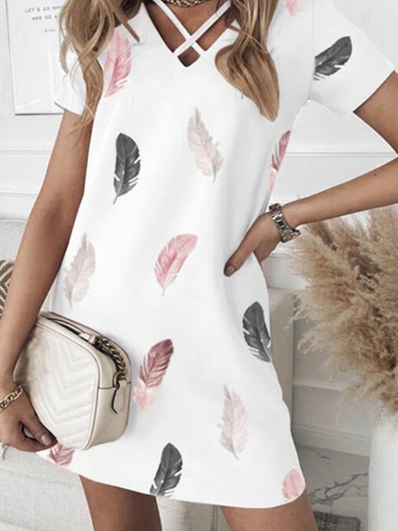 Women's Dresses Feather Print V-Neck Short Sleeve Dress