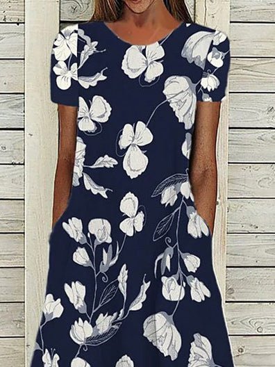 Women's Dresses Floral Crew Neck Short Sleeve Pocket Dress