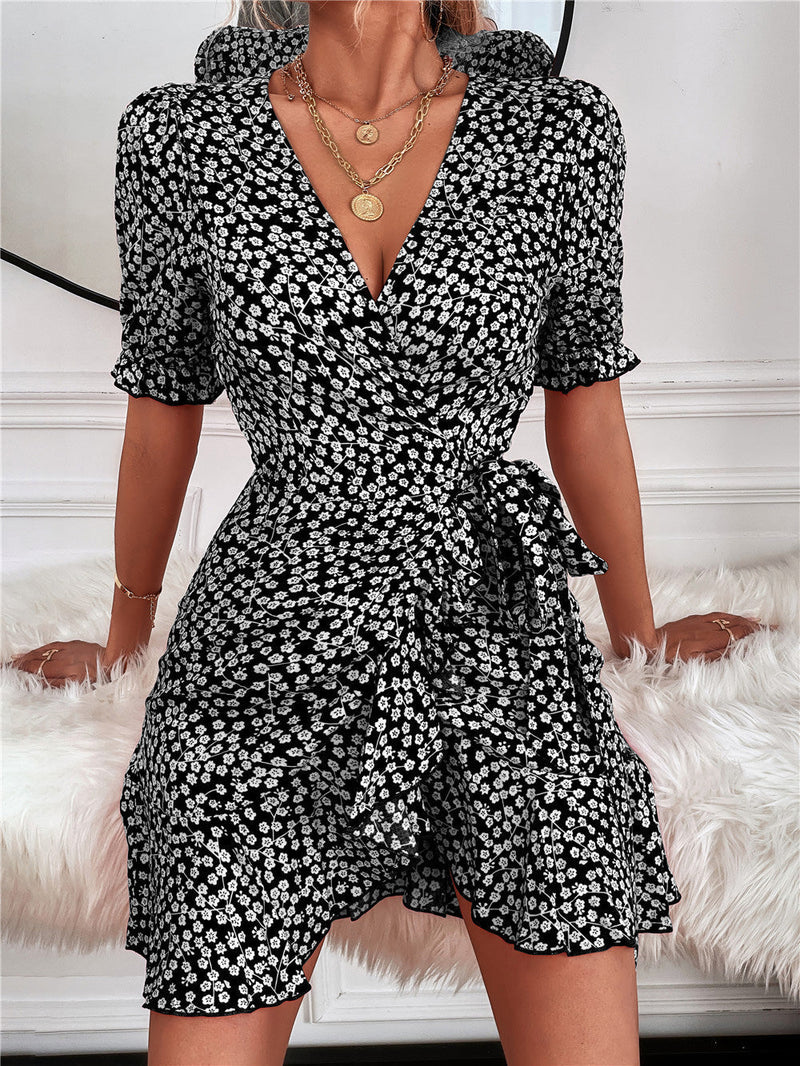 Women's Dresses Floral Print V-Neck Belted Short Sleeve Dress