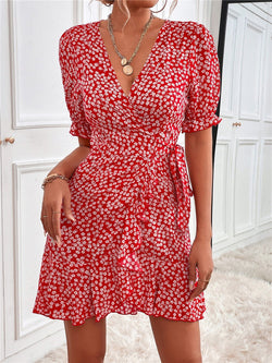 Women's Dresses Floral Print V-Neck Belted Short Sleeve Dress