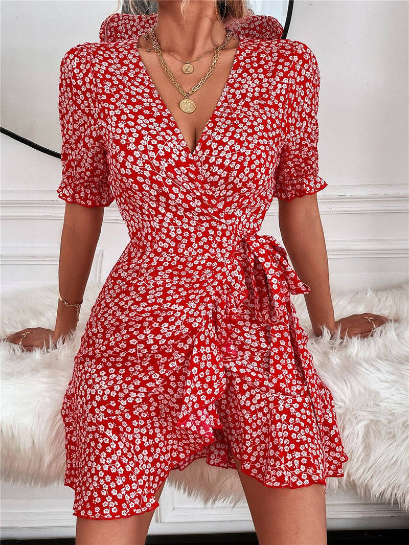 Women's Dresses Floral Print V-Neck Belted Short Sleeve Dress