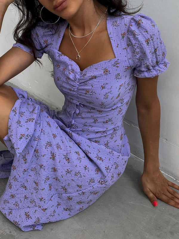 Women's Dresses Floral Square Neck Button Short Sleeve Dress