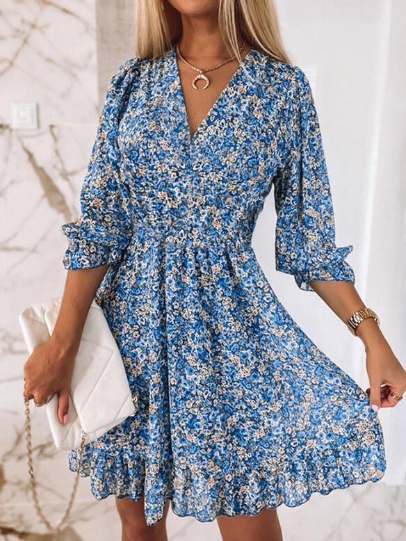 Women's Dresses Floral V-Neck Mid-Sleeves Ruffle Dress