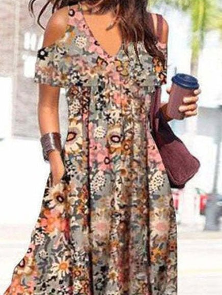 Women's Dresses Floral V-Neck Off-Shoulder Short Sleeve Dress