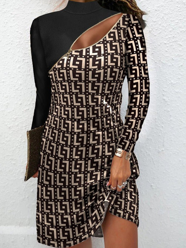 Women's Dresses Geometric Print Zip Long Sleeve Dress